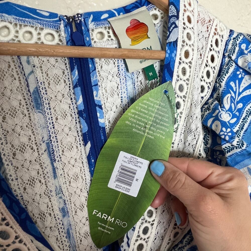 Farm Rio Floral Linen Jumpsuit Tropical Puff Sleeve Women Medium NWT Blue White - Picture 5 of 10
